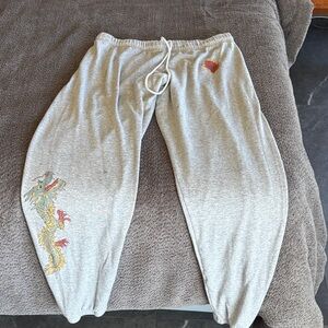 Lauren Moshi Gray Track Pants with Colorful Dragon Graphic